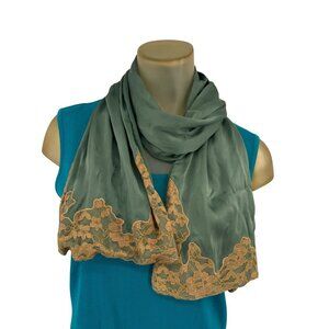 DKNY 100% Silk Scarf fashion Floral Lace Trim In Sage Green Beige